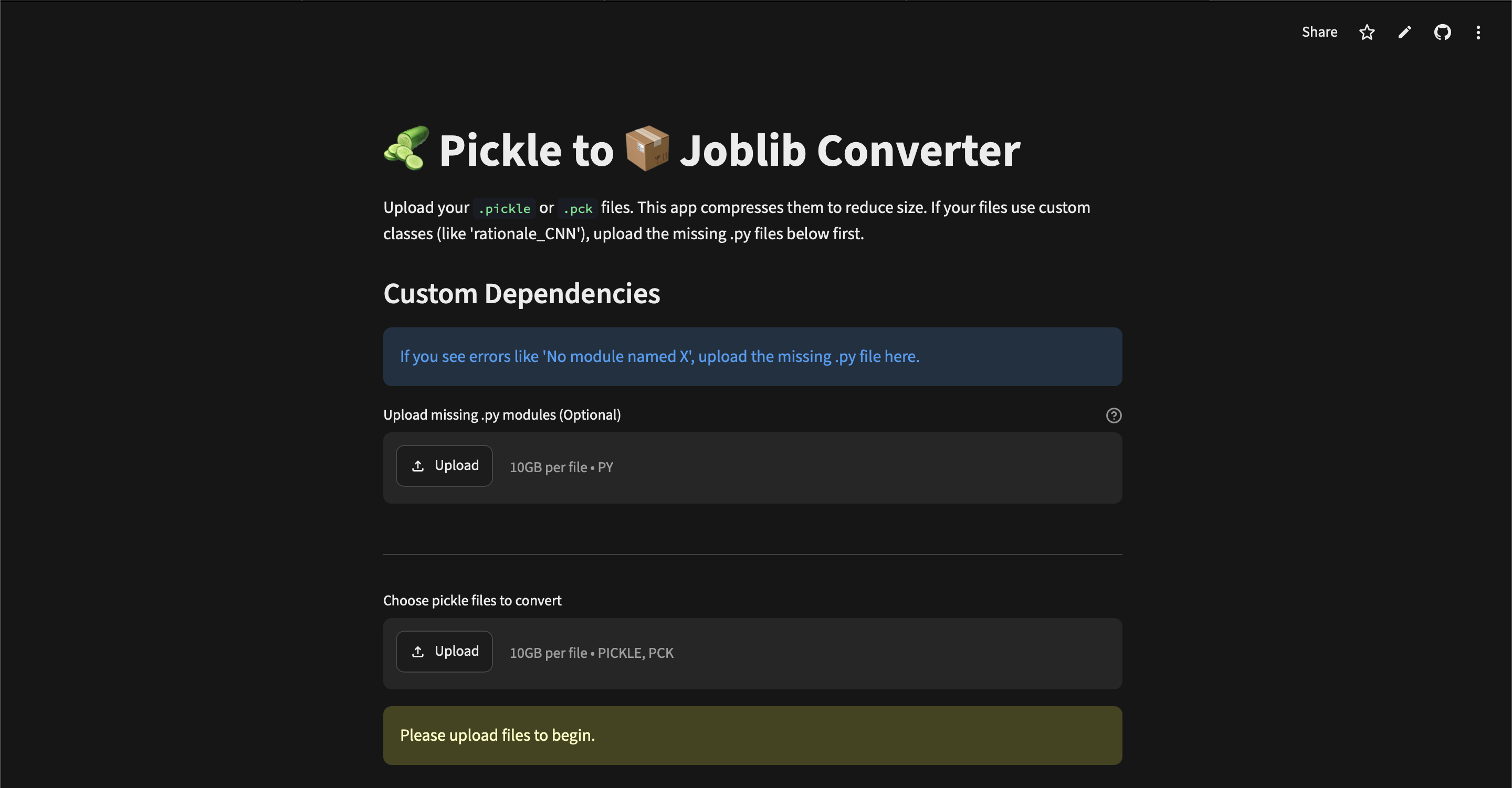 Pickle to Joblib convertor workflow showing the step-by-step file conversion process from pickle serialization to compressed joblib format